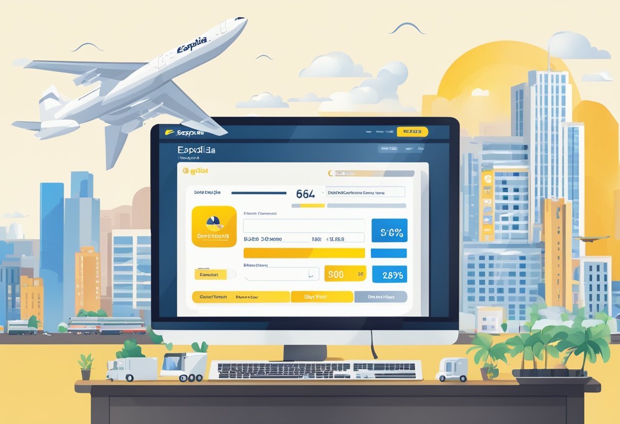 A computer screen displaying Expedia's flight discounts with a large "Score Big Savings" banner and various destination options