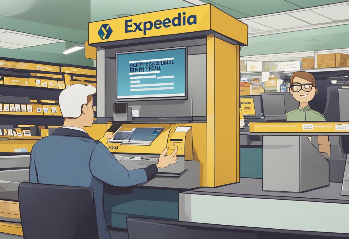 A car rental desk with a computer screen showing Expedia website and a coupon code being entered. A customer handing over the coupon to the clerk