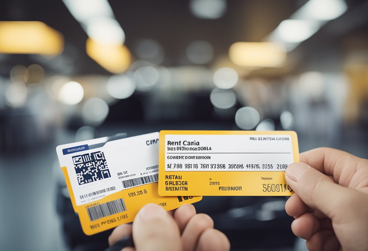 A car rental coupon from Expedia being handed over at a rental counter