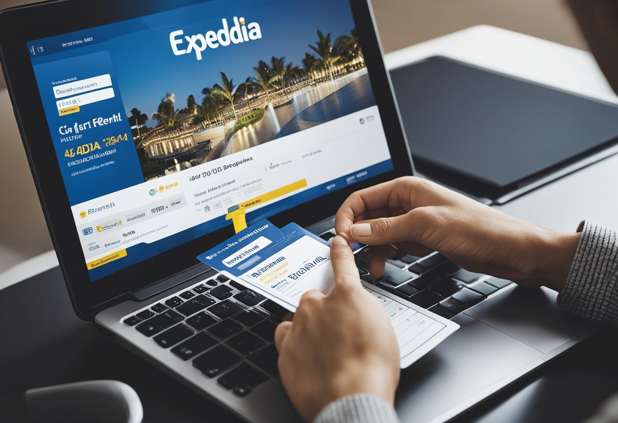 A person using Expedia car rental coupons to save money on a rental car, with a stack of coupons and a laptop showing the Expedia website