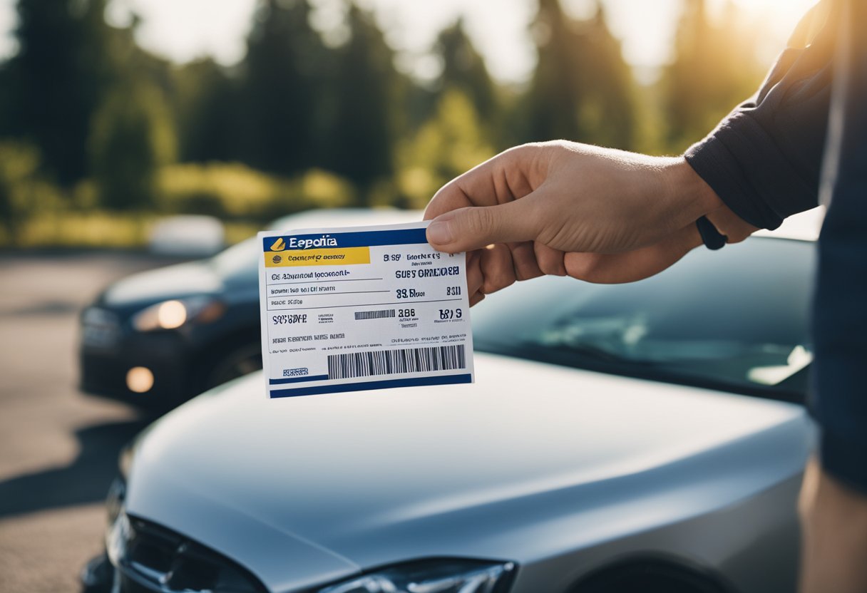 A person holding an Expedia car rental coupon, looking frustrated while standing next to a car with a flat tire