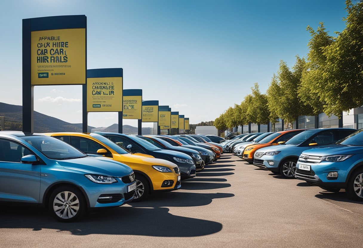 A row of colorful cars parked in a lot, with signs advertising affordable car hire deals. The sun is shining and the sky is clear