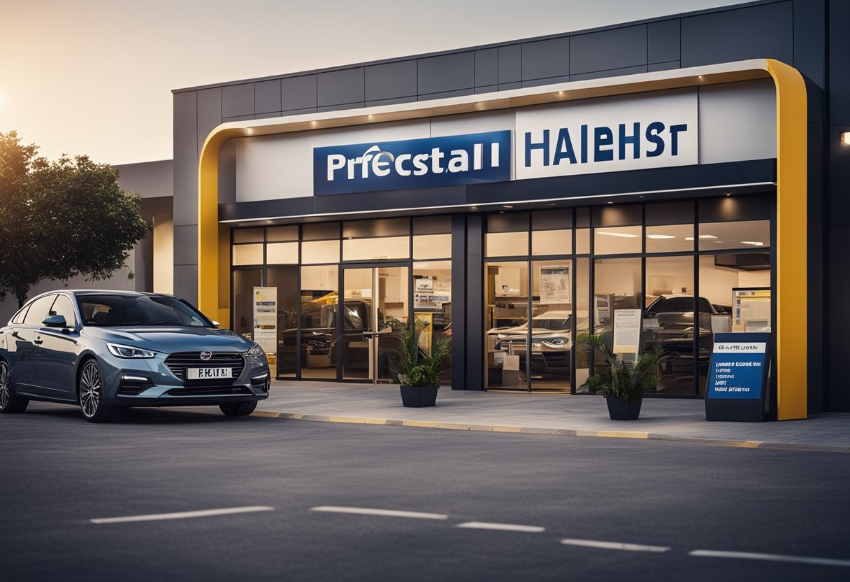 A car rental office with a sign advertising affordable deals. Cars parked in front, customers inside