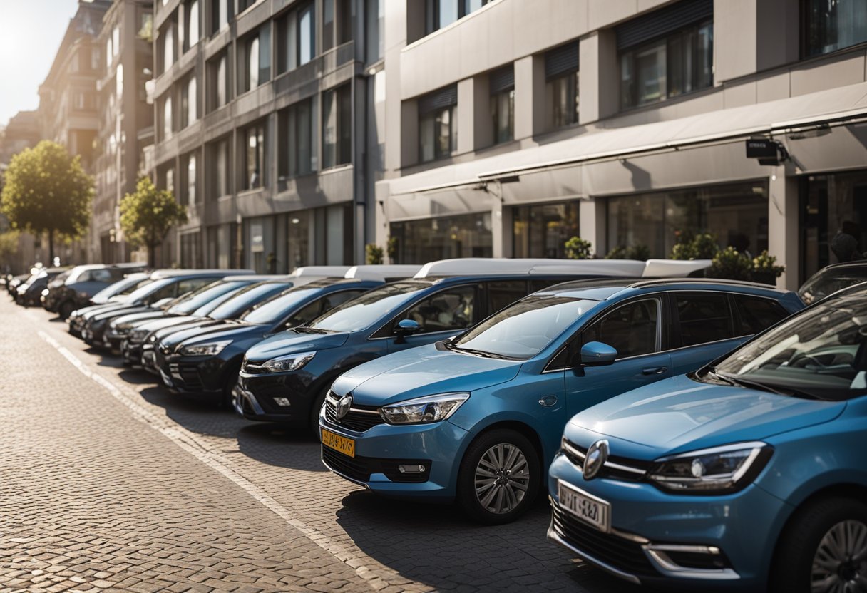 A row of affordable cars lined up for hire, with a sign advertising "Kiezen van de juiste voertuigklasse" in a busy city street