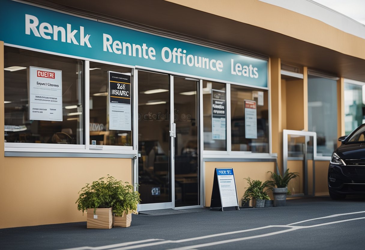 A car rental office with signs for extra costs and insurance options. Affordable deals advertised