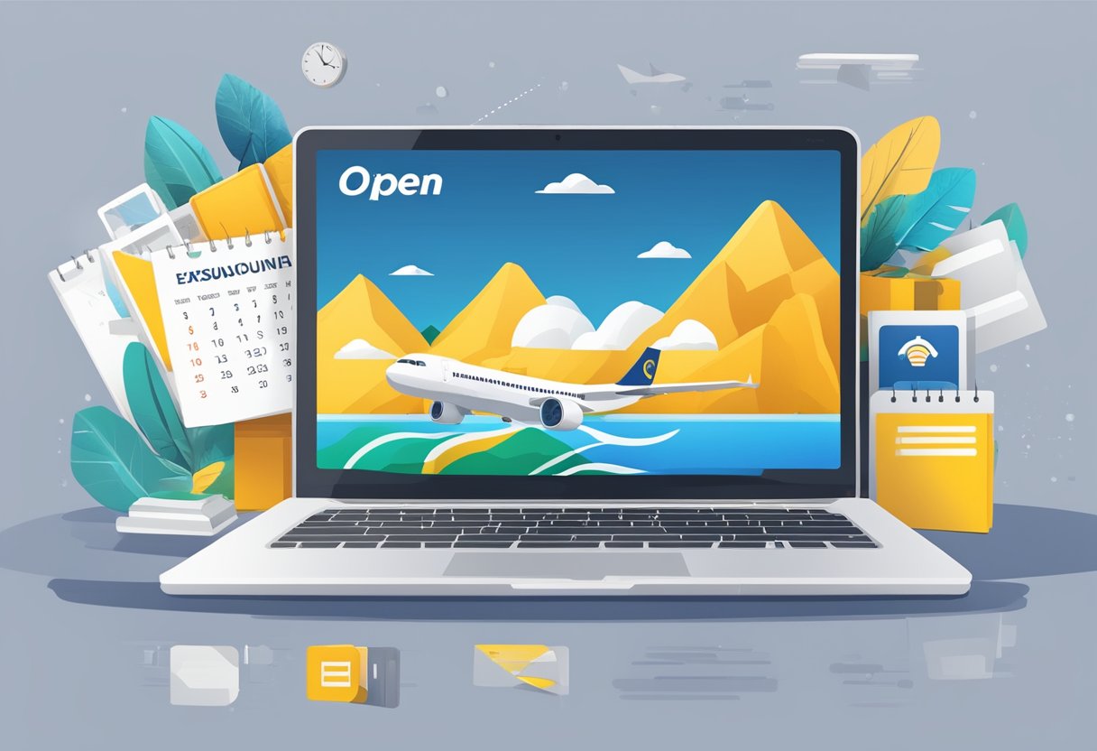 A laptop with the Expedia website open, surrounded by travel photos and a calendar, with a visible discount code entered at checkout