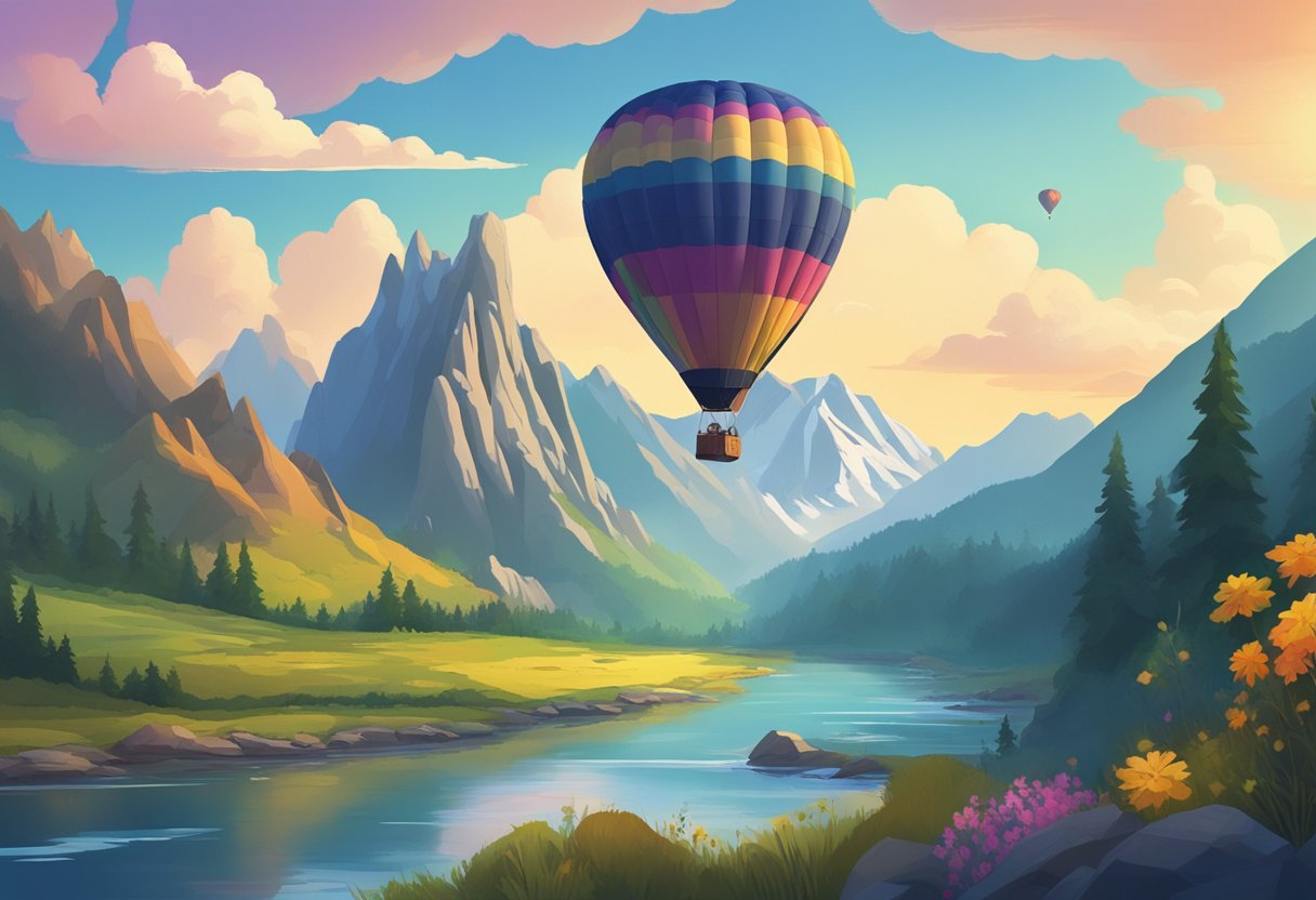 A rugged mountain peak overlooks a lush valley with a winding river, as a colorful hot air balloon floats in the distance. The Expedia Adventure Travel Kortingscode is prominently displayed in the foreground