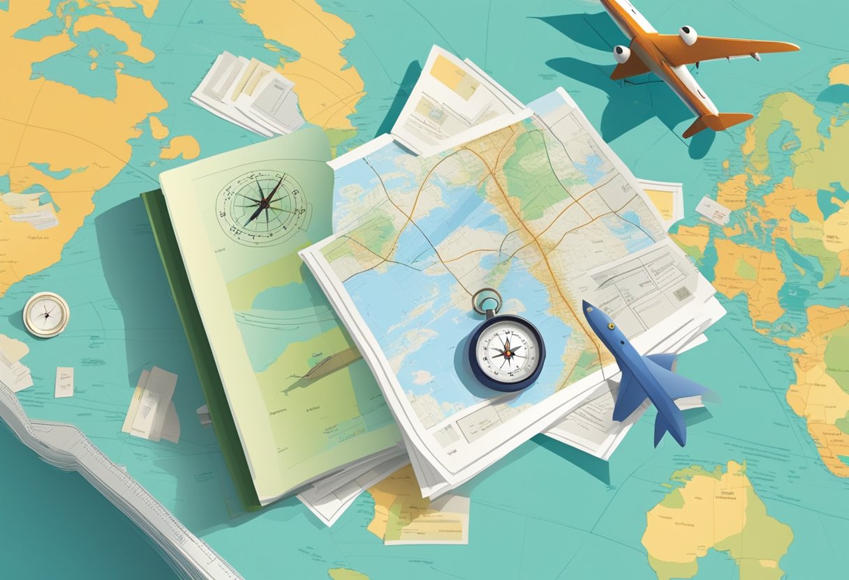 A passport and a plane ticket lay on a map surrounded by travel brochures and a compass, symbolizing the excitement of affordable exploration